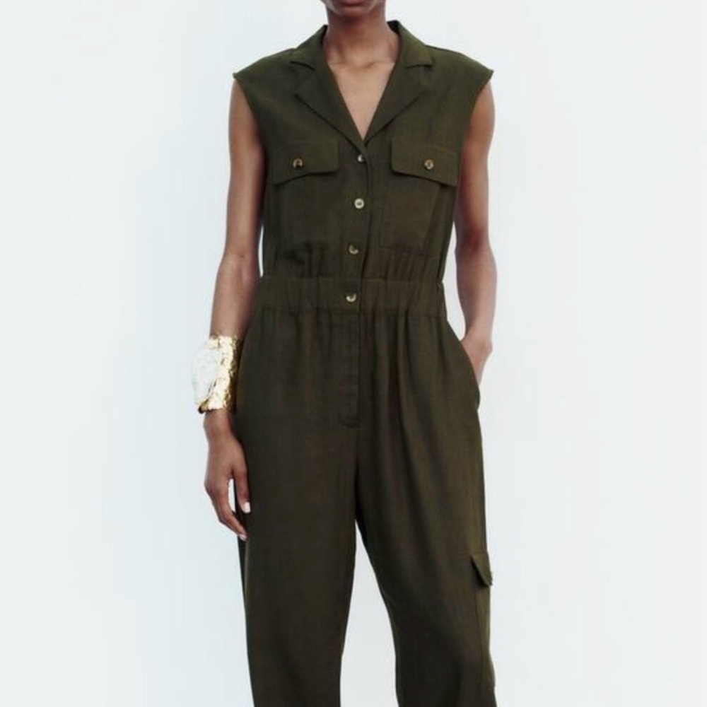 Zara Jumpsuit Dark Green Button-Up Linen Blend Size XL - Picture 4 of 15
